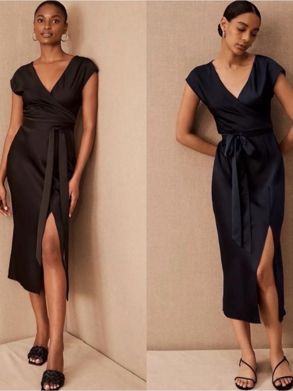 BHLDN Louisa - Black V-Neck Wrap Midi Dress with Tie Waist